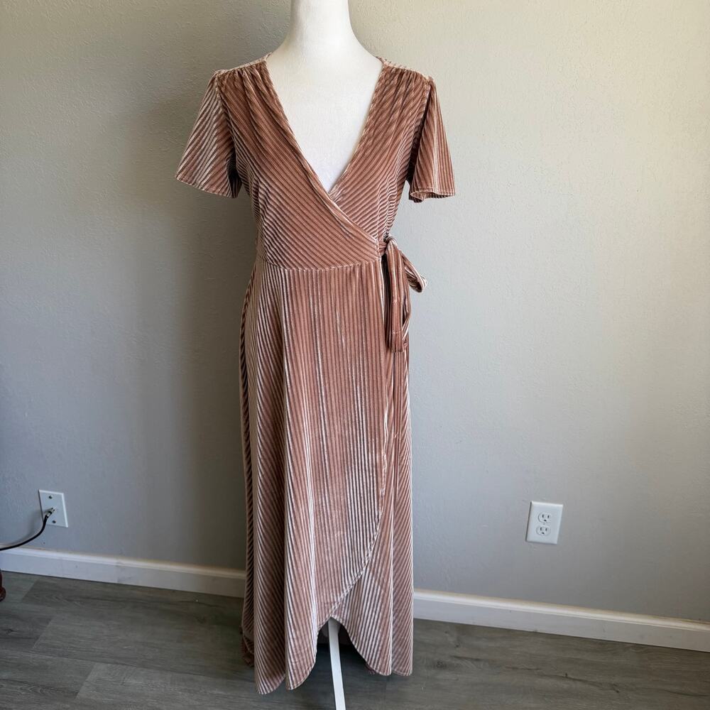 Baltic Born Andi Ribbed Pink Velvet Wrap Dress Womens S V-Neck Maxi Length